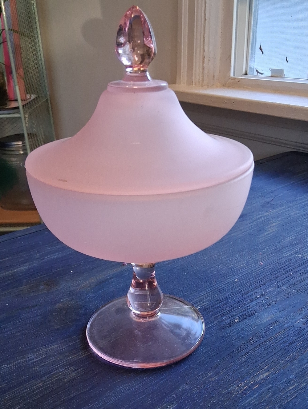 Vintage Pink Frosted Glass Candy Dish with Lid